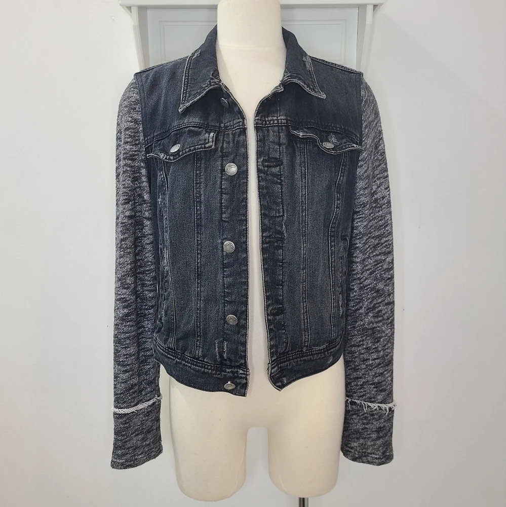 Free People Black Mixed Media Space Dye Knit Denim Jean Jacket Sz M - Picture 3 of 15